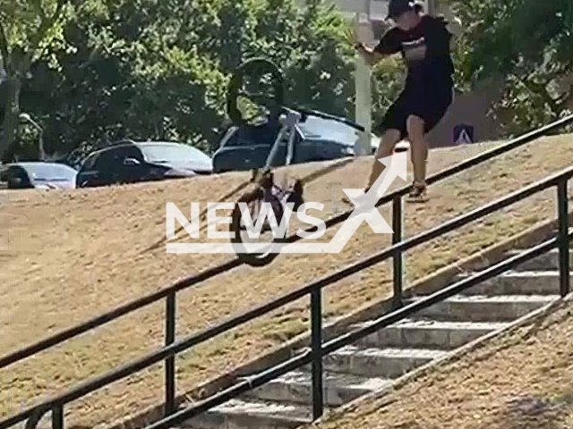 Duarte Abrantes, 17, fails BMX stunt and experiences by far his worst injury, in Lisbon, Portugal on Saturday, July 9, 2022. In spite of the accident, Duarte stated he still had a great time at the BMX jam. Note: Photo is a screenshot from the video (@kiko_bmx_/Newsflash)