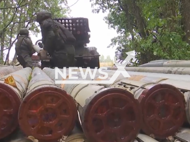 Crews of the MLRS BM-21 "Grad" loading the rocket launcher with ammunition in Ukraine in undated footage.
The BM-21 "Grad is a self-propelled 122 mm multiple rocket launcher designed in the Soviet Union.
 Note: Picture is a screenshot from a video (Ministry of Defense of Russia/Newsflash)