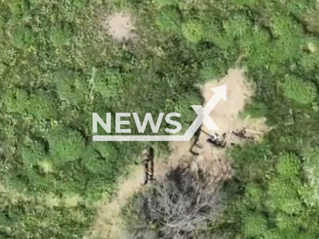 Russian soldier sits on the ground in a forest area, Ukraine in an undated photo. Soldiers of the 24th Mechanized Brigade named after King Danylo dropped a missile from an unmanned aerial vehicle (UAV) directly on the head of a Russian soldier. Note: Picture is a screenshot from a video (@24th.brigade/Newsflash)