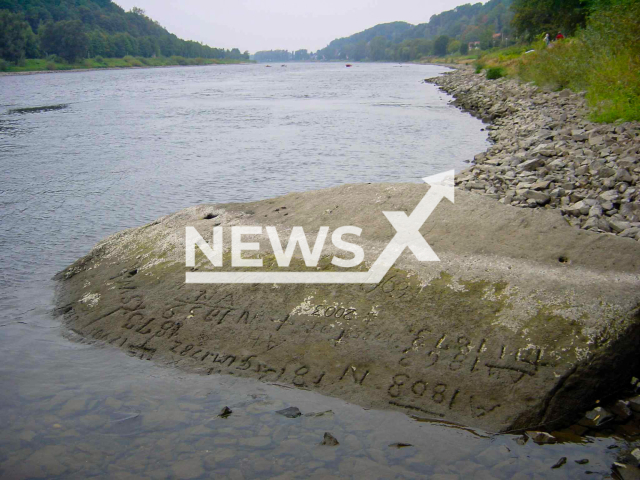 Photo shows an illustrative image of a hunger stone ner Elbe River in the town of Pirna in the Free State of Saxony, Germany, undated photo. Hunger stones resurface in European rivers because water levels are drastically getting lower in Aug. 2022. Note: Photo is from Wikipedia in the public domain (Newsflash)