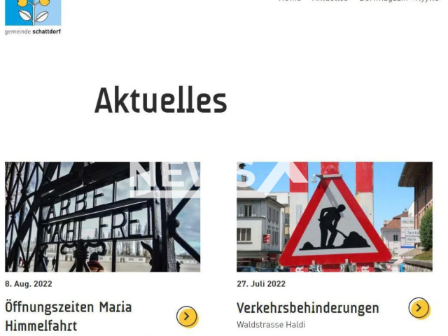 Picture shows the website of the municipality of Schattdorf, Switzerland, with an image from the Dachau concentration camp, undated. The post was used to announce the closure of the office. 
 Note: Photo is a screenshot from  website. (schattdorf.ch/Newsflash)