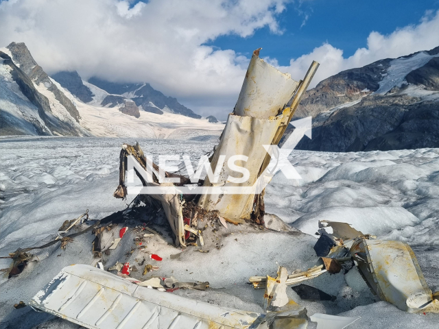 Image shows the plain wreckage in the Swiss Alps in an undated photo. Switzerland's melting glaciers revealed the remains of a plane that crashed on Sunday, June 30, 1968. Note: Licensed content. (Konkordiahuette/Newsflash)