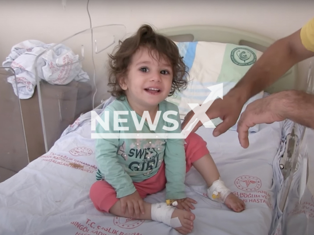 A girl, 2, sits on a hospital bed in Bingol, Turkey, in undated video. She allegedly bit a snake that bit her. Note: Picture is a screenshot from a video (Newsflash)