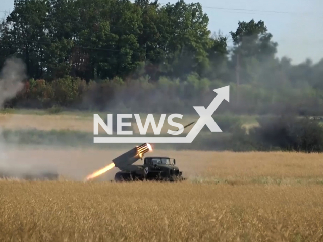 Russian artillery crew fires of Grad multiple launch rocket systems in Ukraine in undated footage.
According to the Russian Mod a fortified warehouse, an electronic warfare position and 5 ammunition transport vehicles for American 155-mm M777 howitzers were destroyed during the missile strike.
Note: This picture is a screenshot from the video.
(@mod_russia/Newsflash)