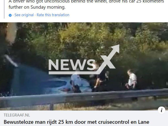 Police officers with the car on the E314, in Belgium, undated.  An unconscious man drove 25 kilometres on it with cruise control and Lane Assist.    Note: Photo is a screenshot from a post. (Newsflash)