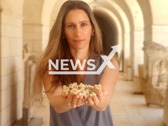 Dr. Lee Perry-Gal poses holding the gaming dice in an undated photo. A rare assemblage of knuckle bones for gaming and divination was discovered in the ancient city of Maresha. Note: Licensed photo (Yoli Schwartz, Israel Antiquities Authority/Newsflash)