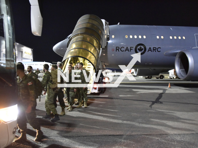 The training contingent from the 3rd Battalion Princess Patricia's Canadian Light Infantry  goes off the passenger ladder in Edmonton, Great Britain, Friday, Aug.12, 2022. They came to participate in Operation UNIFIER (UK) which was launched in 2015 at the request of the Ukrainian government, and was expanded and extended until March 2025. Note: Picture is obtained from Canadian Armed Forces Operations (@CAFOperations/Newsflash)