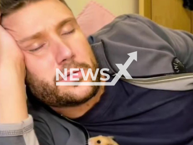 Hamster snuggles with owner, Chris Davies, after realizing he's fallen asleep, on Thursday, June 30, 2022. According to Mr. Davies, what makes him different to other hamsters is that he’s loyal and extremely tame.  Note: Photo is a screenshot from the video (@chrisdavies50/ Newsflash)