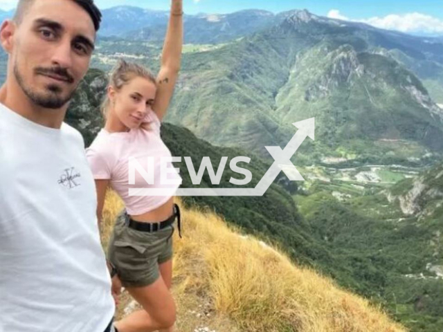 Andrea Mazzetto, 30, and his girlfriend Sara Bragante pose in front of the Altar Knotto spur, in Rotzo, Italy, on Saturday, Aug. 20, 2022. This is the last photo of the couple, as he allegedly tried to retrieve a fallen cell phone and fell off a cliff.  Note: Private photo.  (@andreamazzetto/Newsflash)