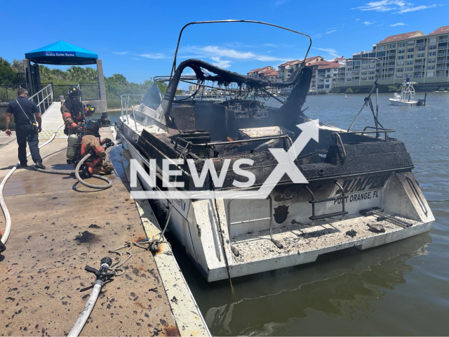 The aftermath of the boat explosion at Daytona Beach, Florida, undated photo. Four people were injured. Note: Photo from emergency services (Daytona Beach Fire Department/Newsflash)