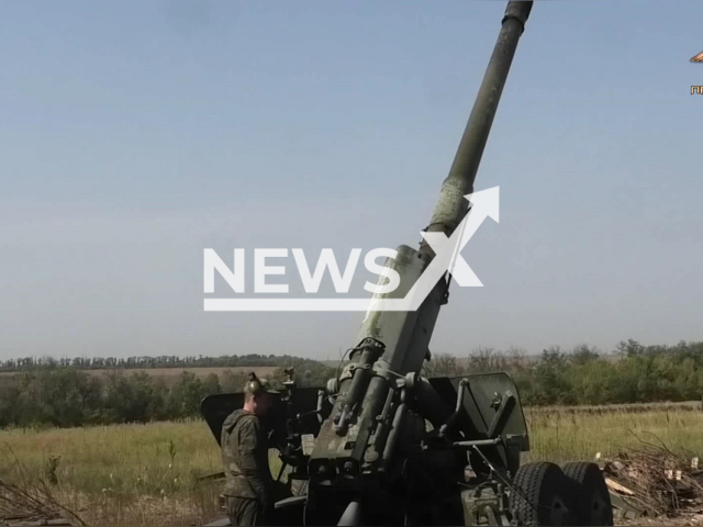 Artilleryman of the 9th regiment of the NM DPR takes aim from 152-mm Hyacinth self-propelled gun in the Avdiivka direction, Ukraine in undated footage. With help of Hyacinth, DPR soldiers conduct counter-battery combat, support the advancing infantry and destroy enemy fortified areas. Note: Photo is a screenshot from the video (@nm_dnr/Newsflash)