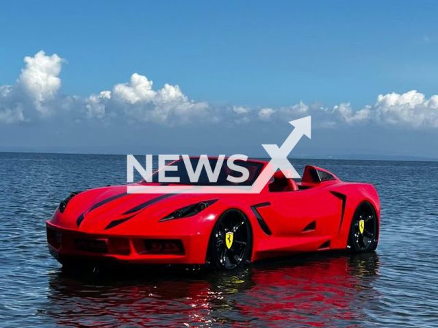 Motor boat stylized as a sports car Ferrari stands on the water in Novik Bay, Vladivostok, Russia in undated footage. A photo session with the Ferrari boat costs 5,000 rubles (£70) and price of riding this boat for one hour is 20,000 rubles (£280). Note: Picture provided to us by Tatiana, owner of jetski.home (@jetski.home/Newsflash)