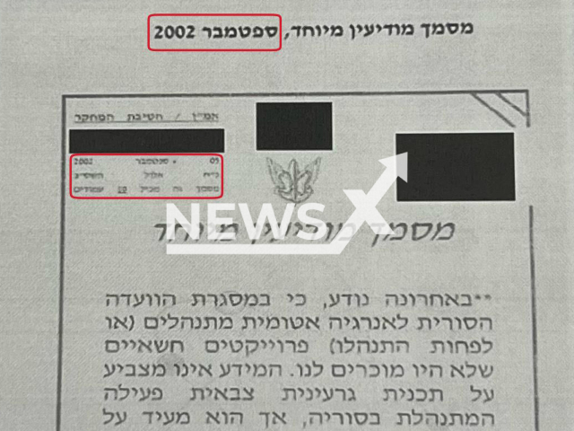 Photo shows a document which was revealed by the IDF on Tuesday, Sept. 5, 2022, that in 2002, five years before its operation 'Outside the Box', Israeli intelligence already knew about Syria’s nuclear reactors' existence. It was reportedly in combination with a complex intelligence and operational effort which removed the nuclear threat to the State of Israel and the entire region. Note: Photo is from the Israel Defense Forces (@idfonline/Newsflash)