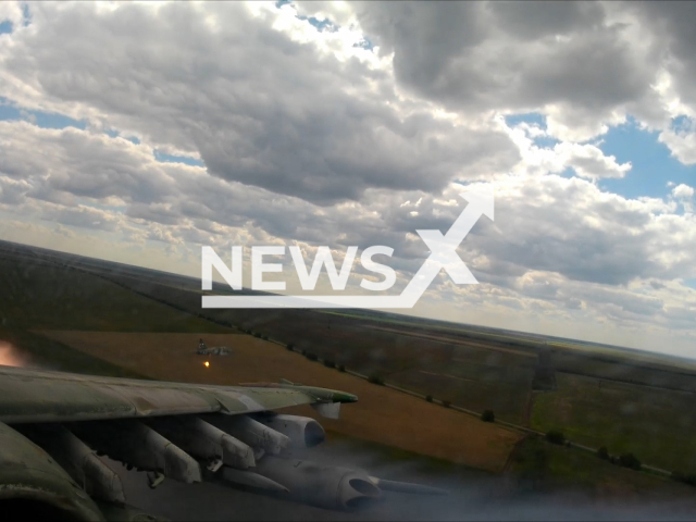 Russian Su-25 fire rockets on the Ukrainian military positions in Ukraine in undated footage.
The Sukhoi Su-25 Grach is a subsonic, single-seat, twin-engine jet aircraft developed in the Soviet Union by Sukhoi.
Note: This picture is a screenshot from the video.
(Russian Ministry of Defence/Newsflash)