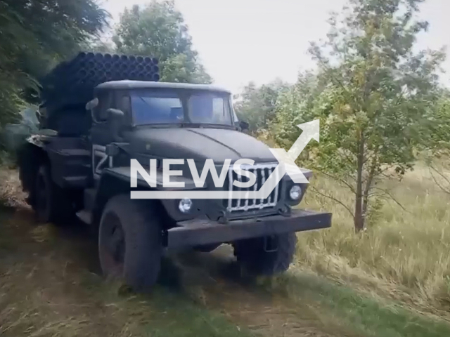 Russian MLRS "Grad" crews deploy to firring positions in Ukraine in undated footage. The BM-21 "Grad" is a self-propelled 122 mm multiple rocket launcher designed in the Soviet Union. Note: This picture is a screenshot from the video. (@mod_russia/Newsflash)