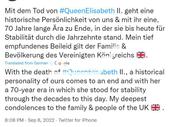 Picture shows the tweet of  Chancellor of Austria   Karl Nehammer, about the death of Queen Elizabeth, on Thursday, Sept. 8, 2022. He said the flag at the Federal Chancellery would fly at half-mast in honour of the Queen. Note: Photo is a screenshot from a post. (Newsflash)