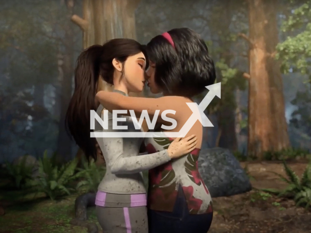 Photo shows a scene from the Netflix series called Jurassic World Camp Cretaceous, where two female characters kiss, undated photo. Gulf Arab countries have issued warning to Netflix, asking it to pull down the series that is violating Islamic and societal standards. Note: Picture is a screenshot from a video (Netflix/Newsflash)