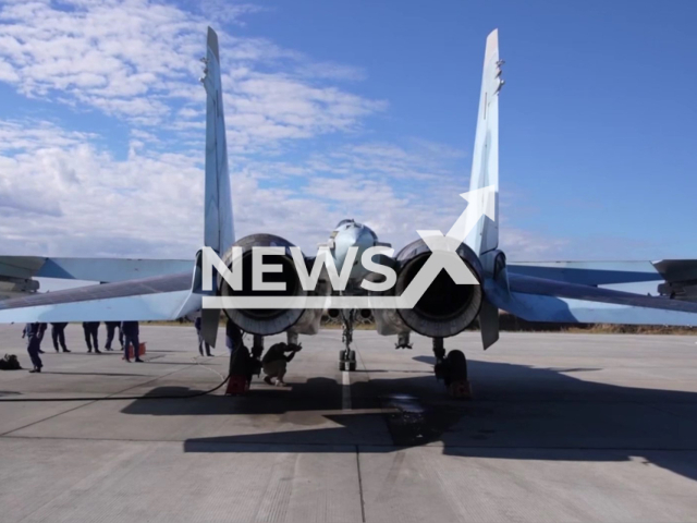 Russian Su-35S fighter jet stands on runway strip, Russia in undated photo. The crews of the Su-35S fighters of the Western Military District destroyed the military infrastructure of the Armed Forces of Ukraine. Note: Photo is a screenshot from the video (@mil/Newsflash)