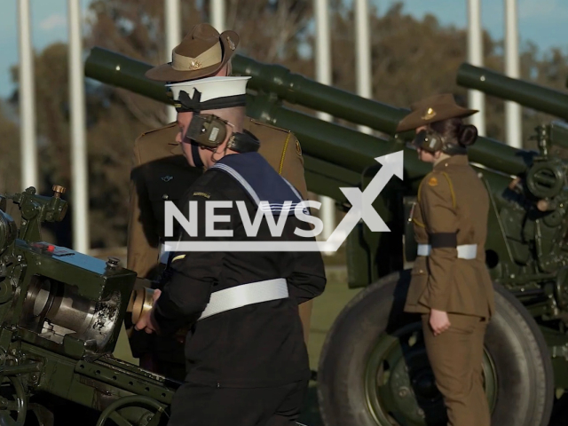 Australia’s Federation Guard conducts a 96-gun salute on the forecourt of Parliament House in Canberra, Australia on Sept. 9, 2022. In accordance with tradition, 96 rounds were fired at 10-second intervals to mark each year of Her Majesty’s life. Note: Picture is a screenshot from a video (Defence Australia/Newsflash)