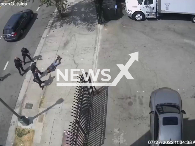 Police officer shoots the suspect Marcos Maldonado in Los Angeles, California, the USA on 27 July 2022.  Note: This picture is a screenshot from the video (Los Angeles Police Department/Newsflash).