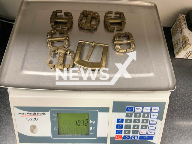 Photo shows gold buckles made from 24-carat gold bars, undated photo. Dubai Customs has seized the gold buckles which two passengers had attempted to smuggle into the emirate through the Dubai International Airport. Note: Photo is from the Dubai Customs (Dubai Customs/Newsflash)