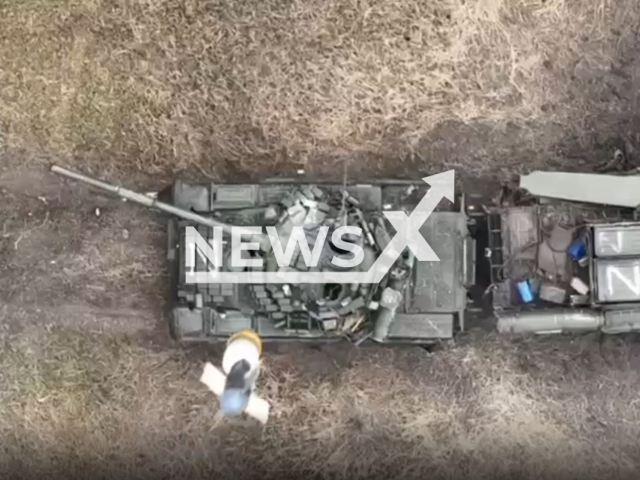 A missile flies to Russian tank with Z letter on it in Ukraine in undated photo. The General Staff of the Armed Forces of Ukraine reported that between 24th February and 12th September, Russia had lost about 2,175 tanks. Note: Photo is a screenshot from the video (@AFUStratCom/Newsflash)