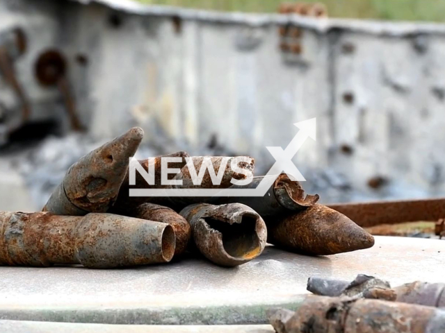 Pyrotechnics eliminate explosive Russian ammunition in the Mykolaiv region, Ukraine. More than three and a half thousand pieces of ammunition were left behind by the Russians in this region. Note: This picture is a screenshot from the video (@DSNSMYKOL/Newsflash)