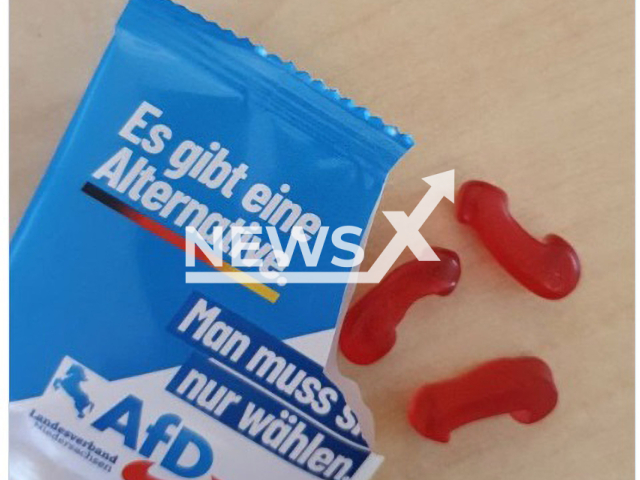 Picture shows the sweets that have reportedly caused laughs on social media, undated. The AfD Lower Saxony party gave away small bags of gummy candy in the shape of the typical red arrow in the party logo as a promotional measure. Note: Image is a screenshot from post. (Newsflash)