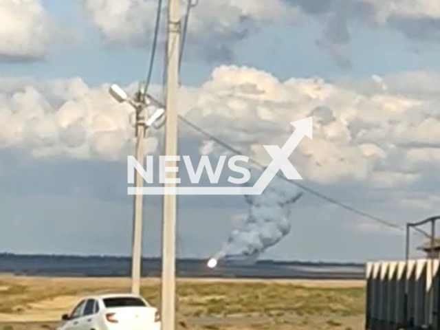 Crashed unknown aircraft burns in a field area near the village of Kendzhe-Kulak, Russia, Wednesday, Sep. 14, 2022. As result of the crashing, 8 people were injured including one child according to statement of the Governor of Stavropol region Vladimir Vladimirov. Note: Picture is a screenshot from the video (@VVV5807/Newsflash).