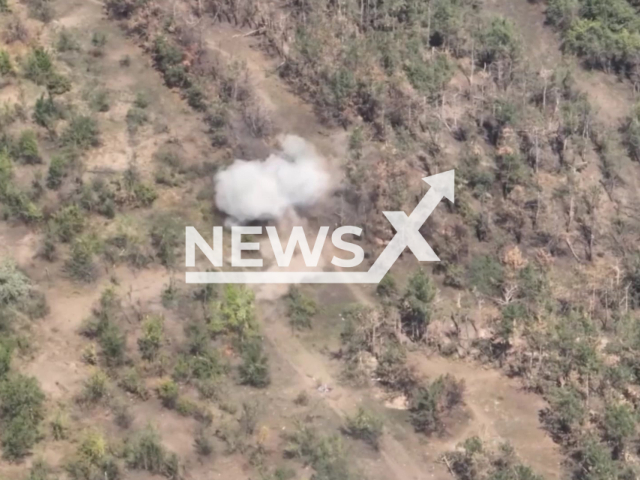 Picture shows an explosion in a forest area in Ukraine in undated photo. Russian UAV units with the help of unmanned aerial vehicles (UAV) and artillery of the Russian Airborne Forces destroyed Ukrainian personnel and military equipment. Note: Photo is a screenshot from the video (@mil/Newsflash)