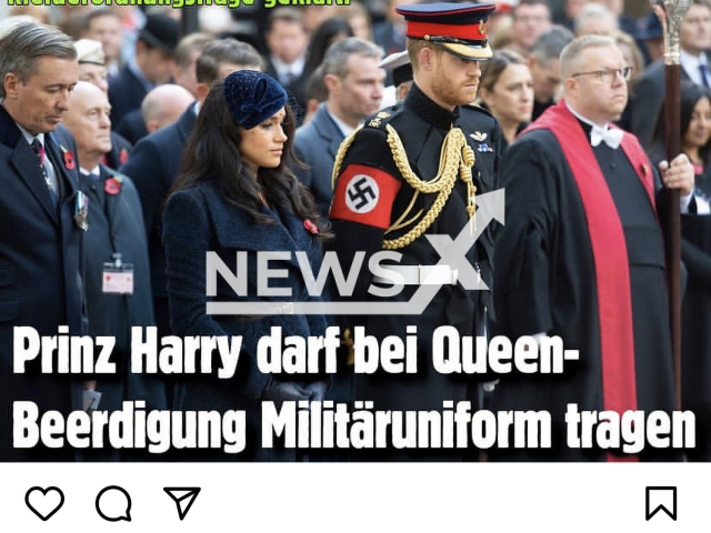 Photo shows the social media post of Titanic, a German monthly satirical magazine based in Frankfurt, undated photo. Titanic claims Prince Harry will wear a swastika armband again at the late Queen's funeral. Note: Picture is a screenshot from a post (Newsflash)