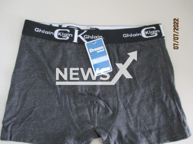 Picture shows a pair of the underwear seized by customs in Hamburg, Germany, undated.  The customs office seized 95,0006 pieces of underpants with the brand name "Ghlain Klain" on the elastic waistband,  in a container coming from China, in August, 2022. Note: Police photo. (Hauptzollamt Hamburg/Newsflash)