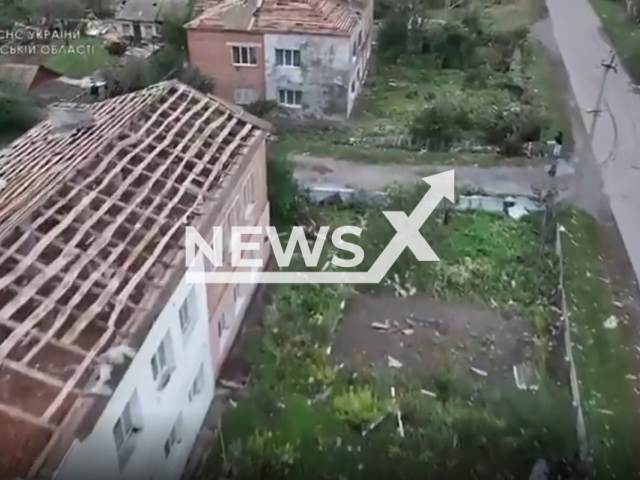 Picture shows damaged residential area in the city of Buryn, Ukraine, Monday, Sep. 19, 2022. Employees of the State Emergency Service made emergency restoration work: fallen trees were cleared, rescuers restored the covering of damaged residential buildings. Note: Picture is a screenshot from video (@dsns.gov.ua/Newsflash).