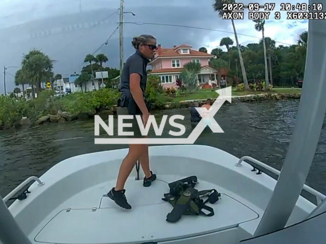 Police encourages the burglary suspect who needed encouragement to get out of the Halifax River in Volusia County, Florida, USA. Note: This picture is a screenshot from the video (Volusia Sheriff's Office/Newsflash).