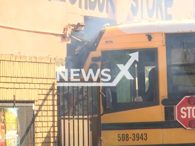 Picture shows the school bus after it crashed into the  the Neighbor Store, in North Charleston , South Carolina, USA, on Tuesday, Sept. 20, 2022. It also impacted a 15-year-old student, who pushed a fellow student out of the bus's way before the crash.
Note: Photo is a screenshot from a video. (Newsflash)