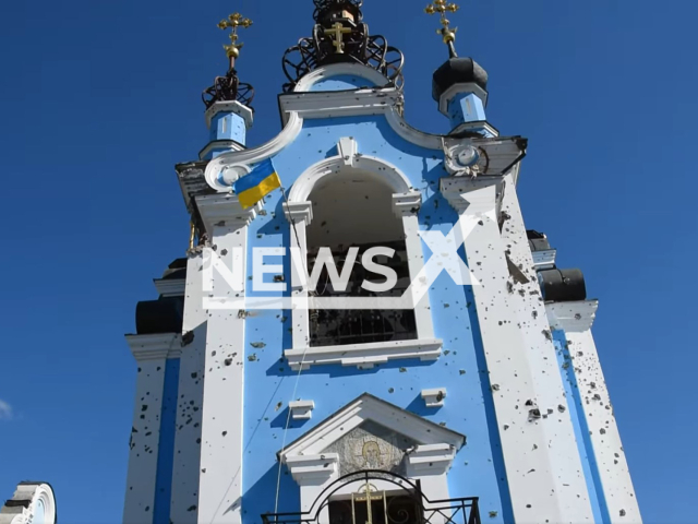 Picture shows damaged church with Ukrainian flag on top in the village of Bohorodychne, Donetsk region, Ukraine in undated photo. Fighters of the Airborne assault troops of the Armed Forces of Ukraine showed liberated from Russian military village. Note: Picture is a screenshot from the video (@www.dshv.mil.gov.ua/Newsflash)