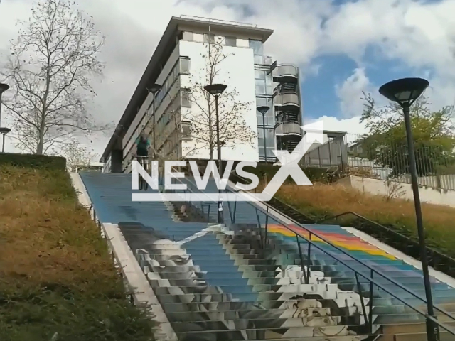 Young mountain bike rider, Rafael Pereira, attempting a dangerous stunt, in the 13th arrondissement of Paris, France, on the 25th of August, 2020. Note: Picture is a screenshot from a video (@rld.tom94/Newsflash)