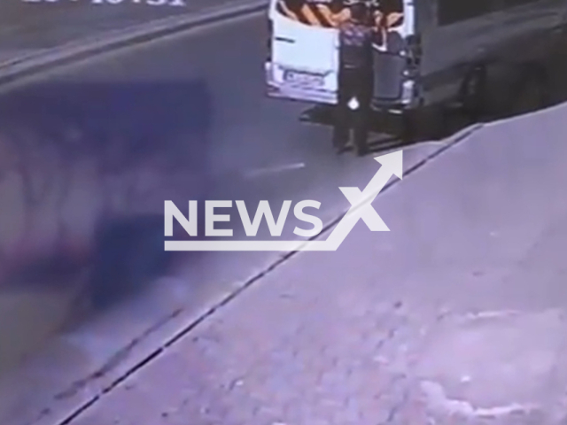 A motorist hits a vehicle crushing a man in between two vehicles in Bornova, Izmir, Turkey, Wednesday, Sept. 21, 2022. The injured man was taken to a hospital. Note: Picture is a screenshot from a video (Newsflash)