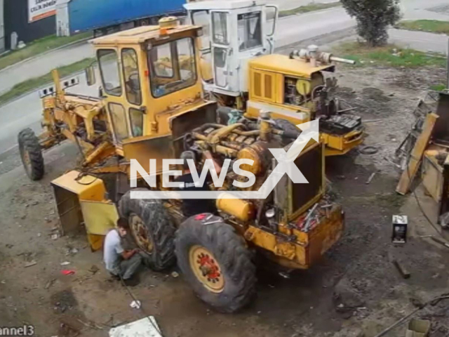 One of the tires of a construction machine bursts while a man inflates the tire in Samsun, Turkey, in an undated video. The man was reported to be badly injured. Note: This picture is a screenshot from the video (Newsflash).