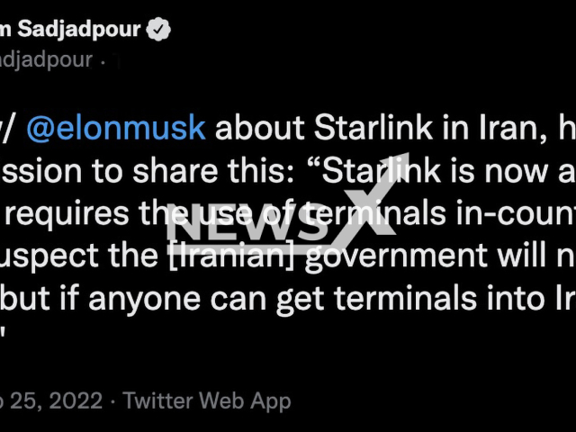 Photo shows the Twitter post of Karim Sadjadpour, who claims Elon Musk said that Starlink is now active in Iran, undated photo. Musk says that if anyone can get terminals into Iran, they will work. Note: Picture is a screenshot from a post (@ksadjadpour/Newsflash)