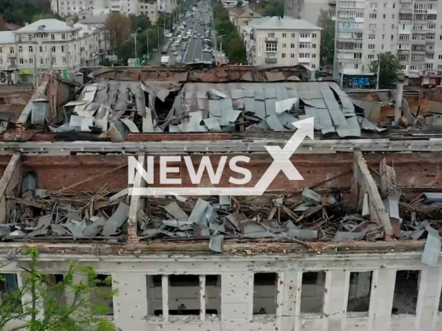 Picture shows damaged Officers' House in Vinnytsia, Ukraine in undated photo. Orchestra of the Military Music Art Center of the Air Force of the Armed Forces of Ukraine honorably performed on the ruins of the Officers' House. Note: Photo is a screenshot from a video.(@GeneralStaff.ua/Newsflash)