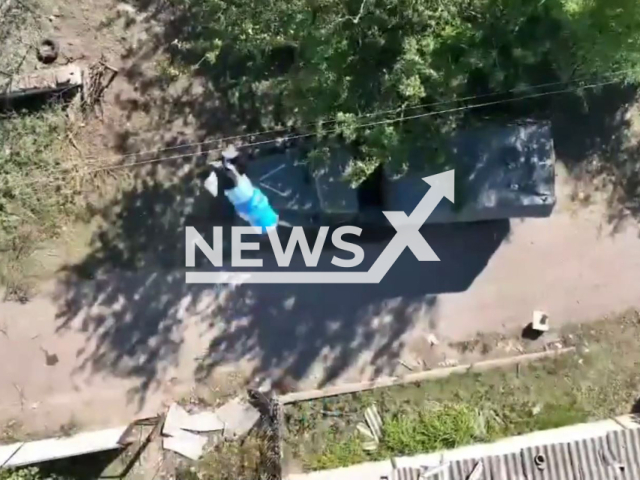 A missile flies to Russian military vehicle with V letter on it in Ukraine, Sunday, Sep. 25, 2022. Ukrainian marines destroyed 5 Russian soldiers, a truck and vehicle with Russian personnel. Note: Photo is a screenshot from a video. (@kmp.vmsu.ua/Newsflash)