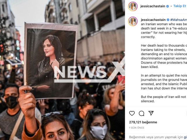 Photo shows the Instagram post of the American actress Jessica Chastain about Mahsa Amini, undated photo. Mahsa Amini, a 22-year-old Kurdish woman, died in hospital Friday, Sept. 16, 2022, three days after she was arrested and reportedly beaten by morality police in Tehran, Iran. Note: Picture is a screenshot from a post (@jessicachastain/Newsflash)