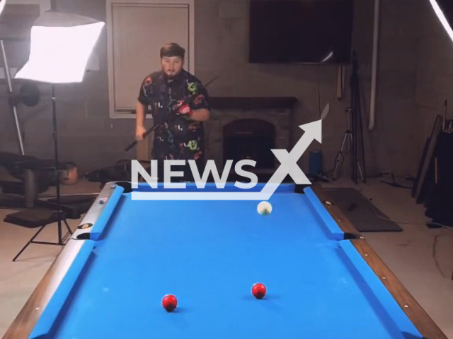 Picture showing Iulian Cernatinschi, 24, from Moldova, doing pool trick shots. Note: Picture is a screenshot from a video (Trickshot CEO/Newsflash)