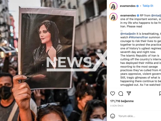 Photo shows the Instagram post of Eva Mendes about the protests in Iran over the death of Mahsa Amini, undated photo. Mahsa Amini, a 22-year-old Kurdish woman, died in hospital Friday, Sept. 16, 2022, three days after she was arrested and reportedly beaten by morality police in Tehran, Iran. Note: Picture is a screenshot from a post (@evamendes/Newsflash)