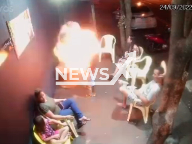 Picture shows the explosion after a man poured alcohol on it at a family gathering, in Rio Verde, Brazil, on Saturday, Sept. 24, 2022. Ricardo Valcacia de Paula,  had a part of his body burned in the explosion.  Note: This picture is a screenshot from the video . (Newsflash)