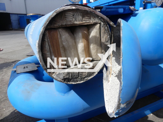 Image shows crystal meth found in an open water filter, undated photo. Customs in the city of Hamburg, Germany seized 182 kilogrammes (401 lbs) of crystal meth in September. 2022. Note: Licensed content. (Zoll/Newsflash)