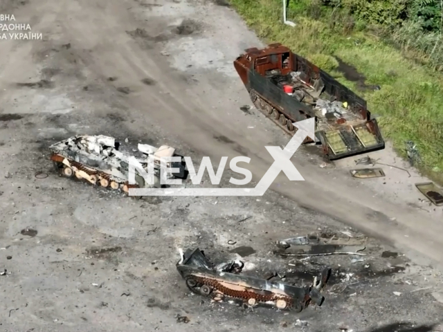 Damaged Russian military equipment stands on road in Kharkiv region, Ukraine in undated photo. Russian army lost a significant number of personnel, ammunition and military equipment during Ukrainian counteroffensive in Kharkiv region. Note: This picture is a screenshot from the video . (@DPSUkraine/Newsflash)