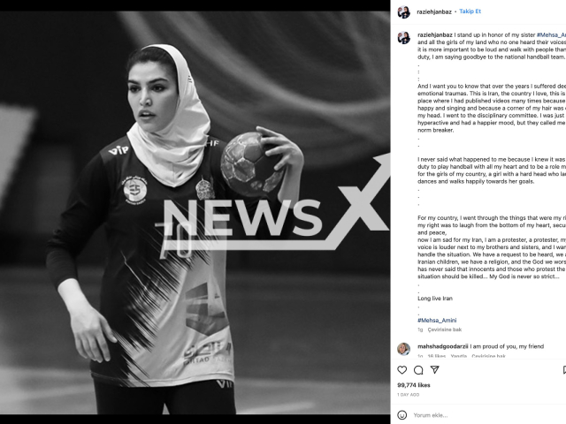 Photo shows the Instagram post of Razieh Janbaz, undated photo. Janbaz, a player in the Iranian women's handball team, resigned from the Iranian national handball team. Note: Picture is a screenshot from a post (@raziehjanbaz/Newsflash)