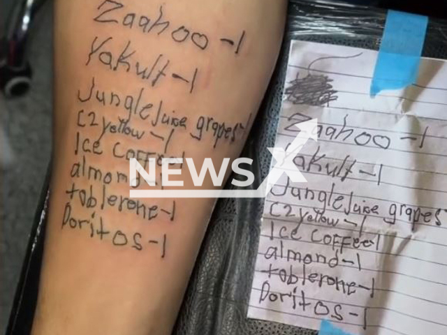 Picture shows the finished tattoo, undated. Bojo Dela Cruz Aquino had  the last grocery list that his brother Tirso Junior wrote a few days before he passed, tattoo on his body, in the Philippines, in September, 2022.  Note: This picture is a screenshot from the video . (@raiinxxx/Newsflash)